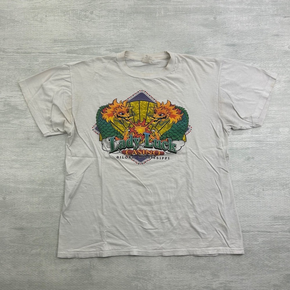 Vintage 90s Lady Luck Casino Shirt Size Large White Biloxi Mississippi Gambling